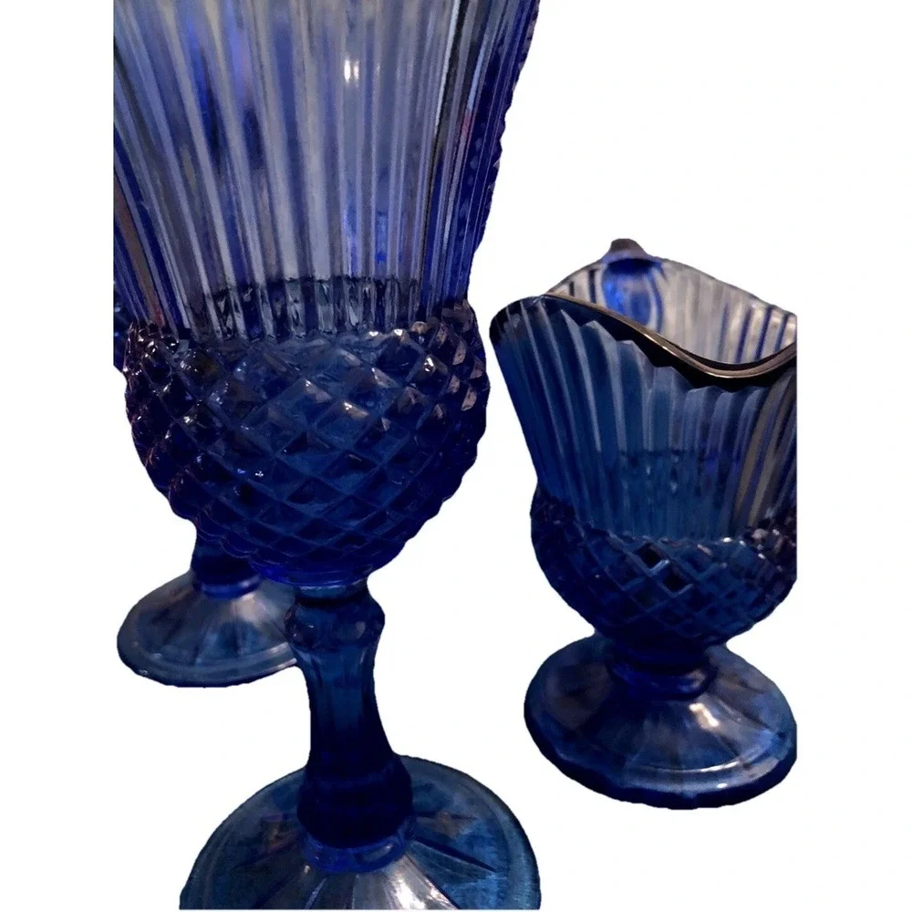 George & George (2) Goblets with A Mt. Vernon Gravy pitcher - Cobalt Blue Glass